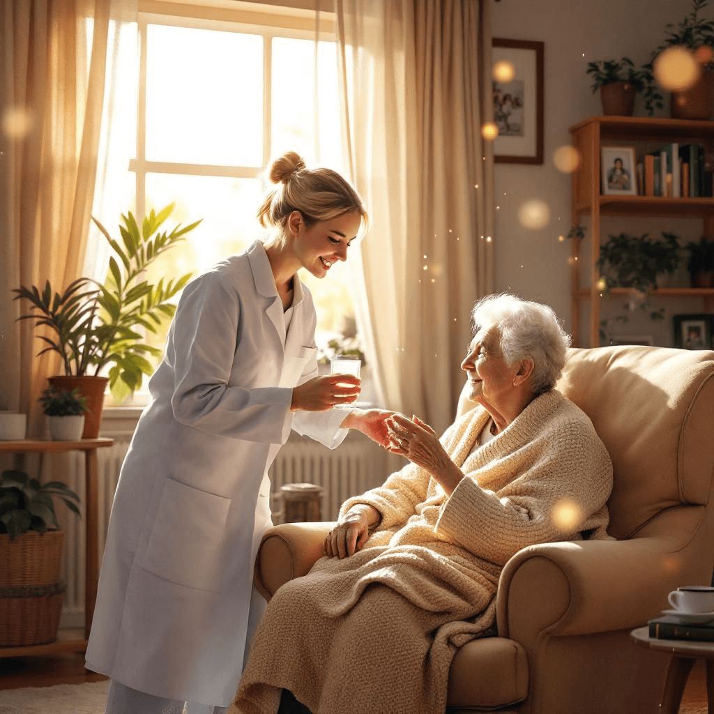 An older woman and a companion sharing a quiet moment outdoors